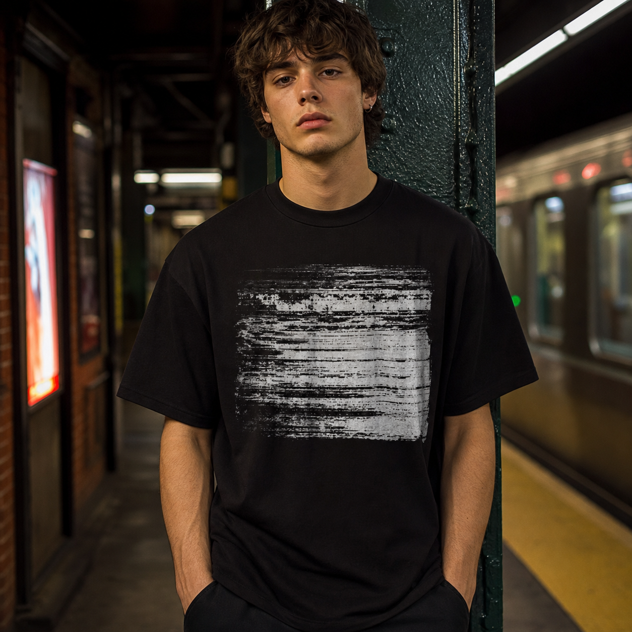 NO SIGNAL tee worn by model