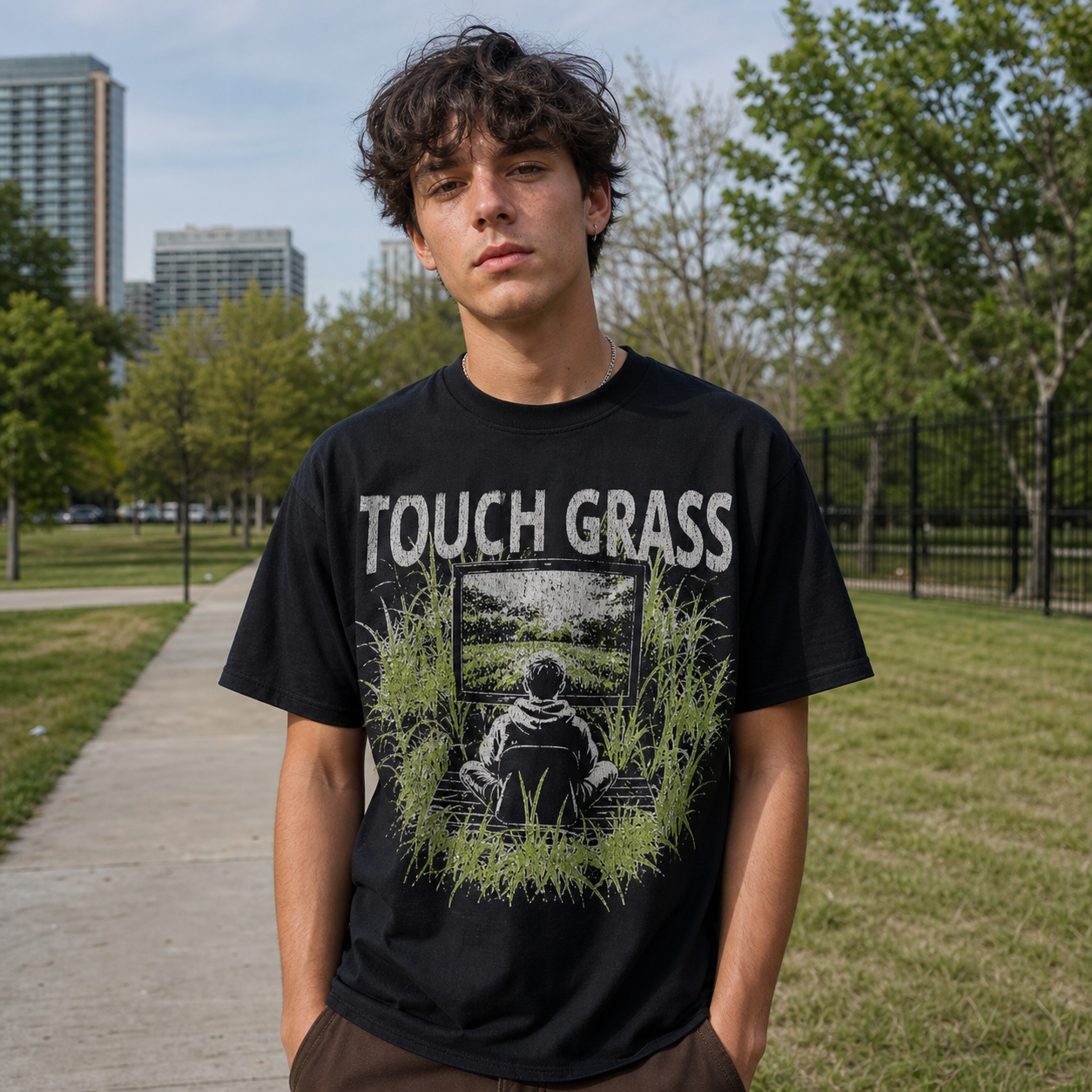 TOUCH GRASS tee worn by model