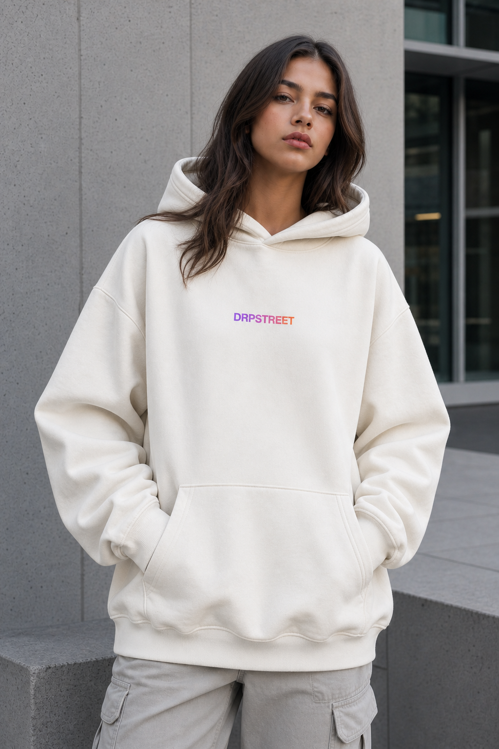 DRPSTREET SIGNATURE HOODIE bone colorway worn by women model
