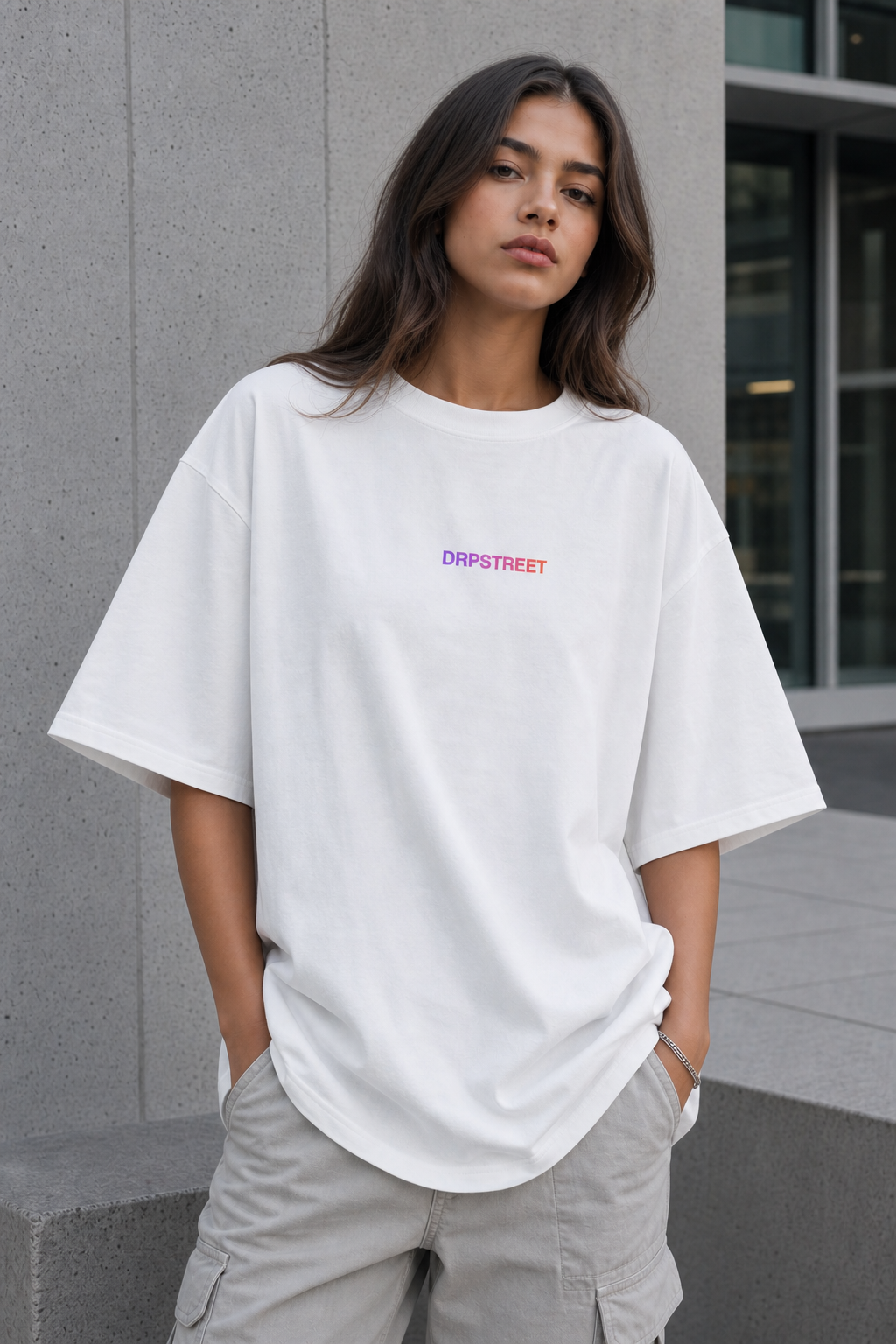 DRPSTREET SIGNATURE TEE white colorway worn by women model